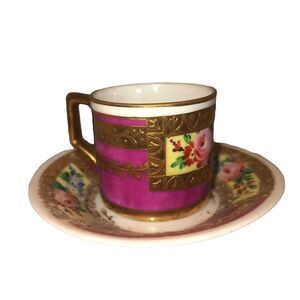 Vintage Demitasse Cup & Saucer With Heavy Gold Unmarked Pink Floral Child Tea